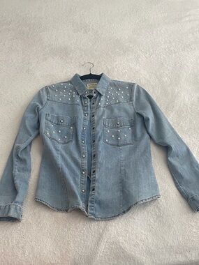 Pull&Bear Light Blue Denim Women's Jacket with Stud Accents